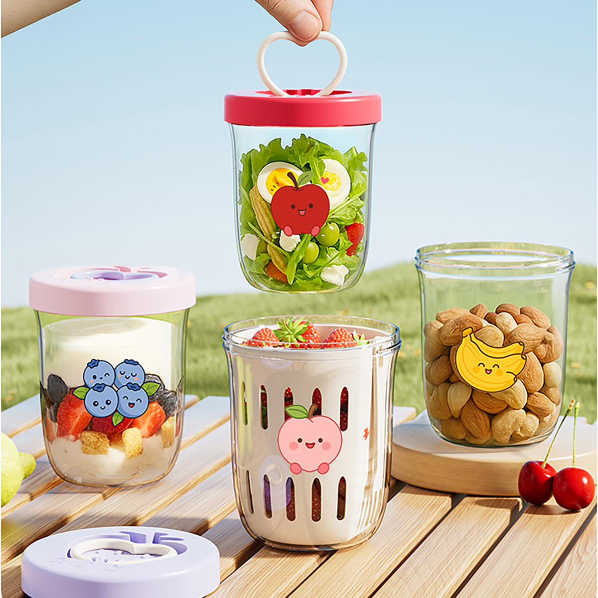 Salad Dressing Bottle - Plastic Oat Container Double-Layer Drain Fruit