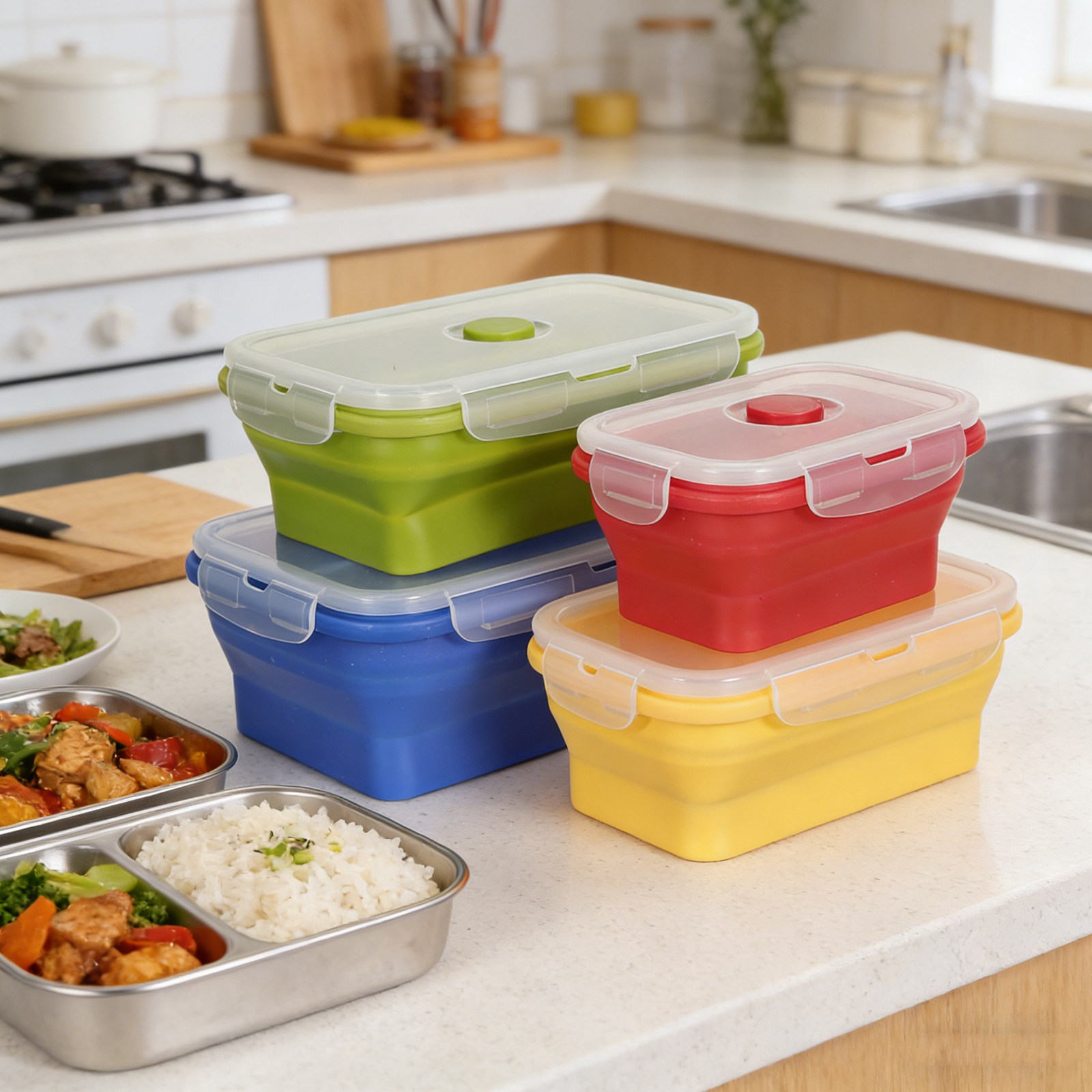 4Pcs Foldable Silicone Lunch B - Food Storage Silicone review and price